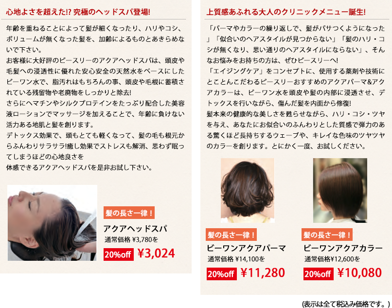 心地よさを超えた!? 究極のヘッドスパ登場!年齢を重ねることによって髪が細くなったり、ハリやコシ、ボリュームが無くなった髪を、加齢によるものとあきらめないで下さい。お客様に大好評のピースリーのアクアヘッドスパは、頭皮や毛髪への浸透性に優れた安心安全の天然水をベースにしたビーワン水で、脂汚れはもちろんの事、頭皮や毛根に蓄積されている残留物や老廃物をしっかりと除去!さらにヘマチンやシルクプロテインをたっぷり配合した美容液ローションでマッサージを加えることで、年齢に負けない活力ある地肌と髪を創ります。デトックス効果で、頭もとても軽くなって、髪の毛も根元からふんわりサラサラ!癒し効果でストレスも解消、思わず眠ってしまうほどの心地良さを体感できるアクアヘッドスパを是非お試し下さい。アクアヘッドスパ通常価格 ¥3,780を20%off　¥3,024　上質感あふれる大人のクリニックメニュー誕生!　「パーマやカラーの繰り返しで、髪がパサつくようになった」「似合いのヘアスタイルが見つからない」「髪のハリ・コシが無くなり、思い通りのヘアスタイルにならない」、そんなお悩みをお持ちの方は、ぜひピースリーへ!
「エイジングケア」をコンセプトに、使用する薬剤や技術にとことんこだわるピースリーおすすめのアクアパーマ&アクアカラーは、ビーワン水を頭皮や髪の内部に浸透させ、デトックスを行いながら、傷んだ髪を内面から修復!
髪本来の健康的な美しさを甦らせながら、ハリ・コシ・ツヤを与え、あなたにお似合いのふんわりとした質感で弾力のある驚くほど長持ちするウェーブや、キレイな色味のツヤツヤのカラーを創ります。とにかく一度、お試しください。ビーワンアクアパーマ通常価格 ¥14,100を20%off　¥11,280　ビーワンアクアカラー通常価格¥12,600を20%off    ¥10,080
